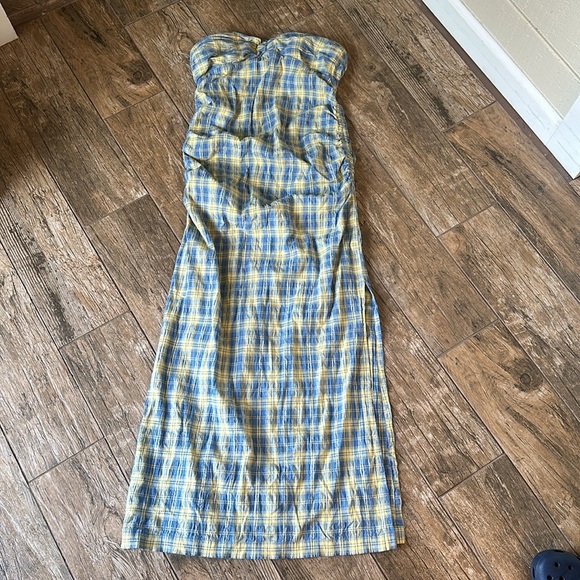 Free People Green Brandie Blue Iris Strapless Plaid Midi Dress Yellow Blue XS - Picture 2 of 7